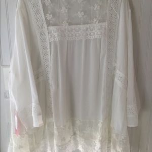 Onetheland White Lace Shirt Sheer Cover Up Large